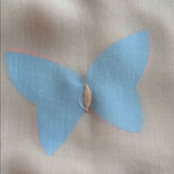 Reversible blue/coral brick butterfly very sheer silk chiffon scarf 22" x 66" - Picture 3 of 11